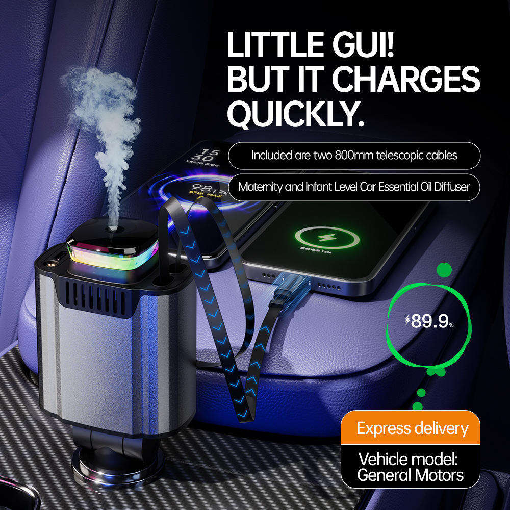Starlight Car Charger 2026 | Dual Retractable Cables, Aromatherapy Diffuser & LED Light