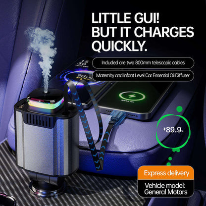 Starlight Car Charger 2026 | Dual Retractable Cables, Aromatherapy Diffuser & LED Light