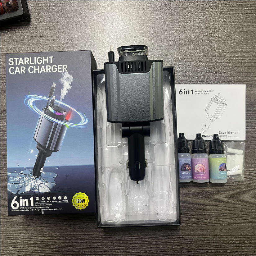 Starlight Car Charger 2026 | Dual Retractable Cables, Aromatherapy Diffuser & LED Light