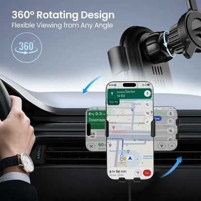 Car phone holder with 360-degree rotation feature, showing a smartphone with navigation app on a car dashboard.