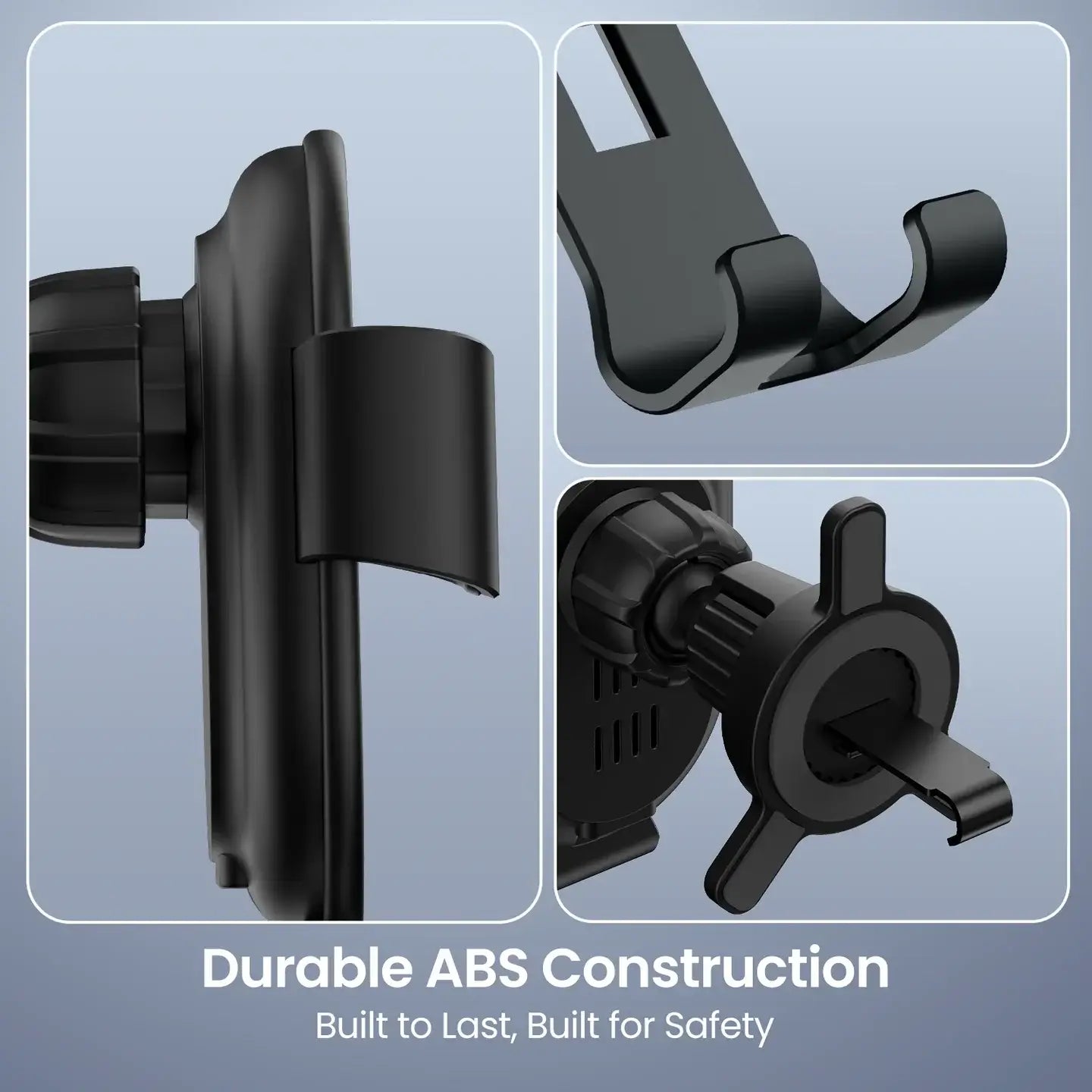 Black car phone holder with durable ABS construction on a light blue background