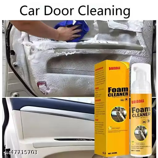 Car door cleaning process with BRIDLED Foam Cleaner packaging and use.
