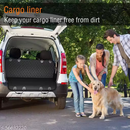 Family with a dog interacting near an open car trunk with a cargo liner.