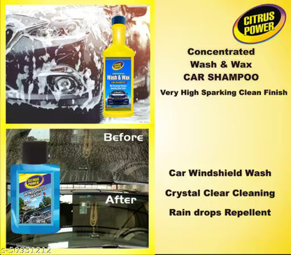 Car Cleaning & Shining Combo-Advertisement for Citrus Power car care products with shampoo and windshield wash bottles shown.
