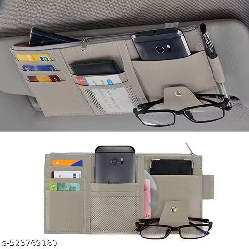 Premium Car Sun Visor with multiple pockets holding a phone, cards, and glasses.