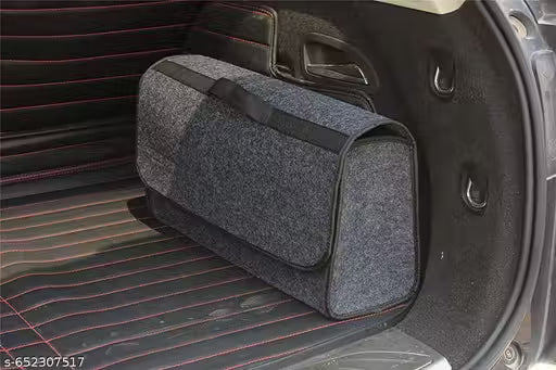 Gray car organizer in a vehicle's open trunk