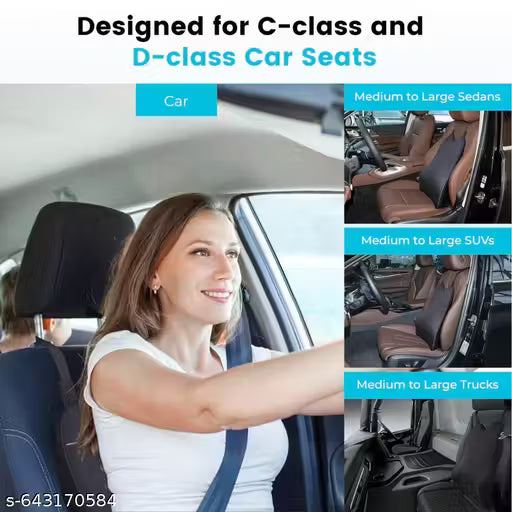 Memory Foam Car Backrest Cushion-Woman driving a car with text about C-class and D-class car seats, and images of car interiors.