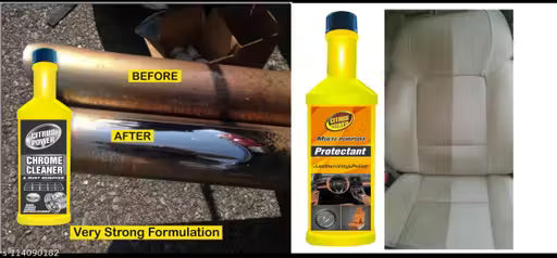 Before and after comparison of a car exhaust with a bottle labeled 'Chrome Cleaner' and a car seat with a protective coating.