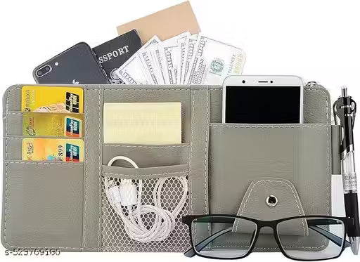 Premium Car Sun Visor-Multifunctional wallet with various compartments including a phone, cards, and glasses on a white background