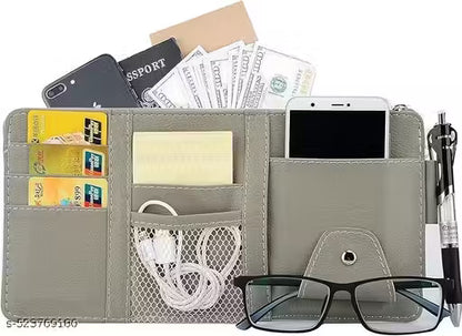 Premium Car Sun Visor-Multifunctional wallet with various compartments including a phone, cards, and glasses on a white background