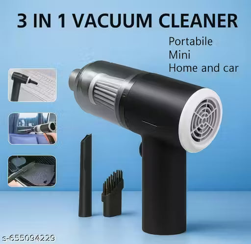 3-in-1 Car Vacuum Cleaner with attachments on a blue background