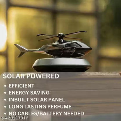 Solar Helicopter Car Air Freshener-Solar-powered helicopter-shaped device on a wooden surface with text highlighting features.