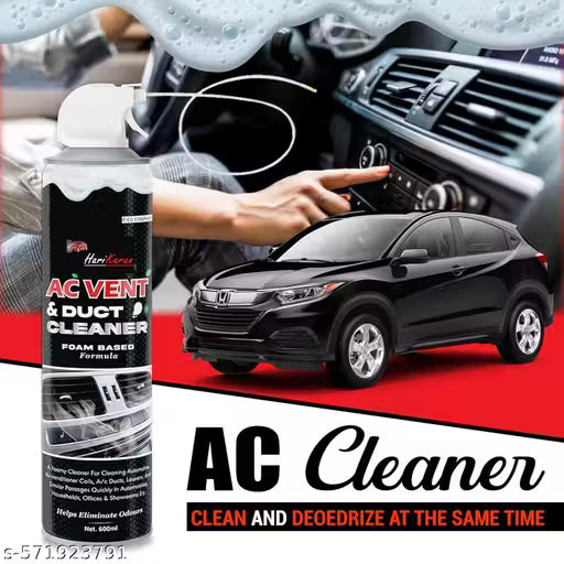 AC vent and duct cleaner spray with car interior and exterior in the background