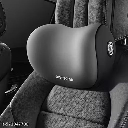 Black car headrest pillow with 'awesome' branding on a car seat