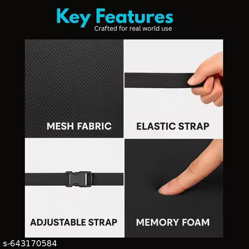 Memory Foam Car Backrest Cushion-Key features of a belt with mesh fabric, elastic strap, adjustable strap, and memory foam on a black background.