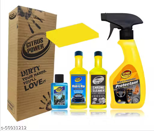Car Cleaning & Shining Combo-Citrus Power car care products including a box, bottles, and a spray bottle on a white background.