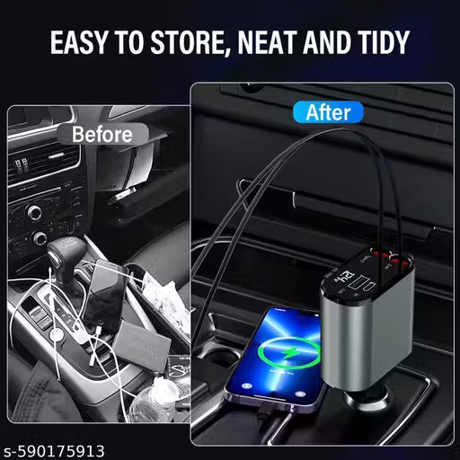 Car dashboard with a before and after comparison of a neat and tidy setup using a car organizer.