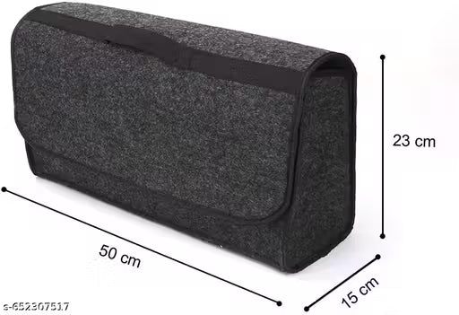 Gray felt pouch with black trim and measurements on a white background