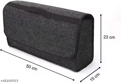Gray felt pouch with black trim and measurements on a white background