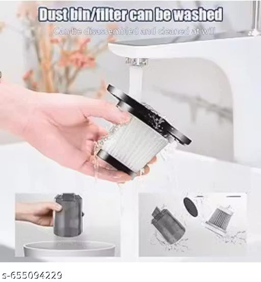 3-in-1 Car Vacuum Cleaner-Hand holding a dust bin/filter with text indicating it can be washed, set against a blurred kitchen background.