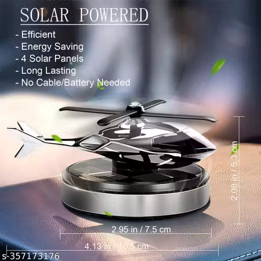 Solar Helicopter Car Air Freshener-Solar-powered device with features listed on a blurred background