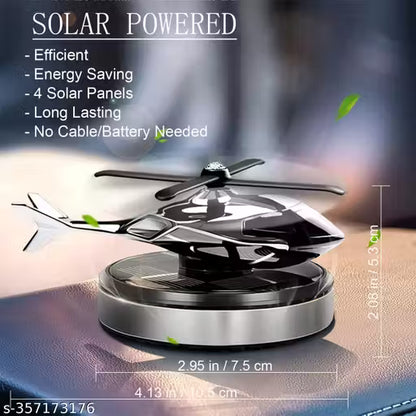 Solar Helicopter Car Air Freshener-Solar-powered device with features listed on a blurred background
