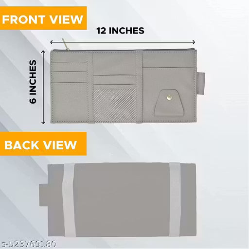 Premium Car Sun Visor-Gray wallet with measurements on a light gray background
