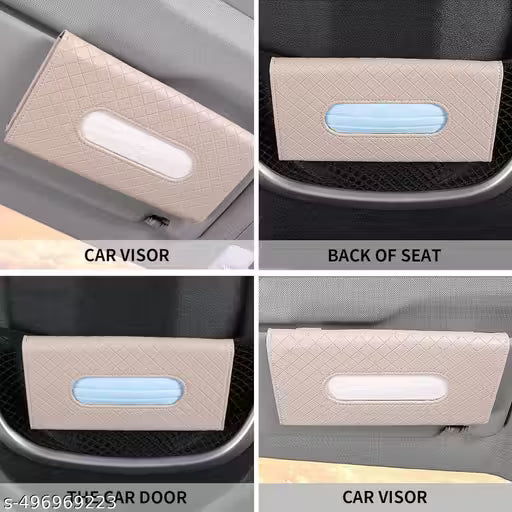 Luxury Car Tissue Paper Holder with different mounting options on car visor, back of seat, and car door.