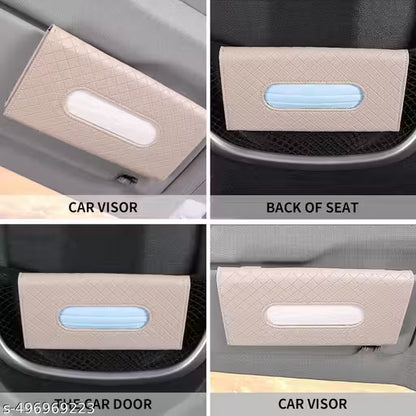 Luxury Car Tissue Paper Holder with different mounting options on car visor, back of seat, and car door.