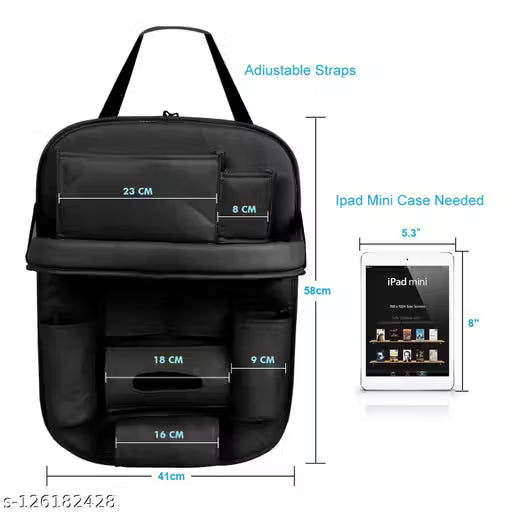 Black backpack with measurements and an iPad Mini for scale on a white background