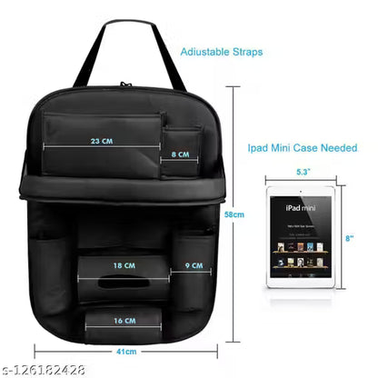 Black backpack with measurements and an iPad Mini for scale on a white background
