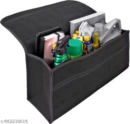 Black car trunk organizer with automotive supplies on a white background
