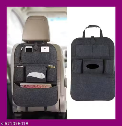 Car seat back organizer with multiple pockets and a cup holder, shown in a car interior.