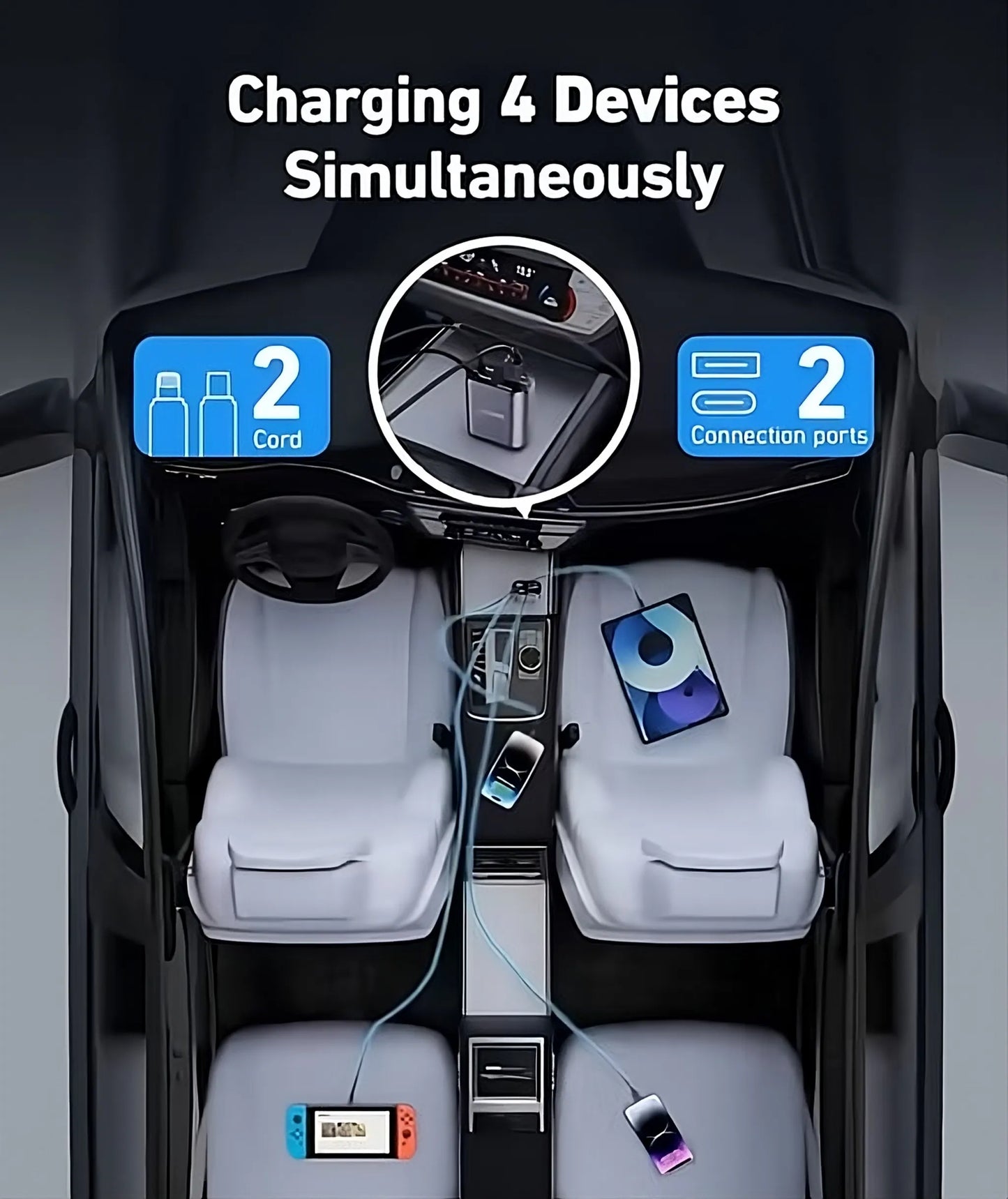 Car interior with multiple devices charging simultaneously, highlighting two cords and two connection ports.