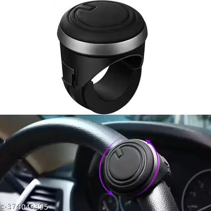 Black car phone mount with steering wheel adapter on a white background
