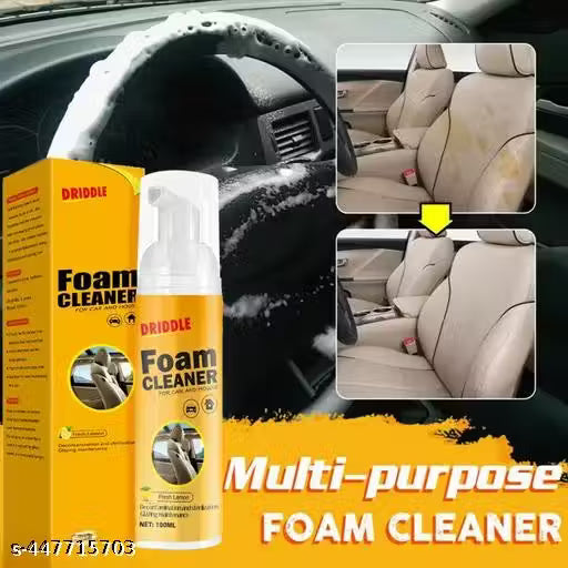 Driddle Foam Cleaner spray bottle and packaging with car interior cleaning before and after images.
