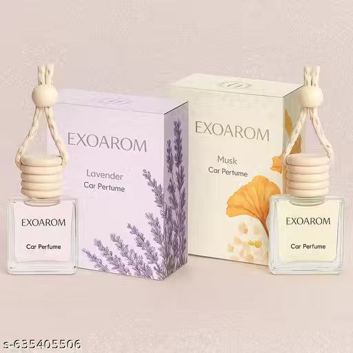 Two EXOAROM car perfume bottles with their packaging on a light background