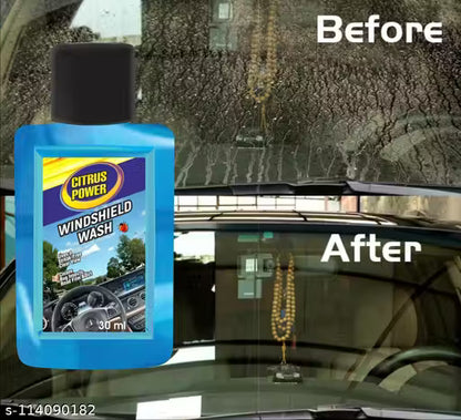 Bottle of Citrus Power windshield wash with a 'Before' and 'After' comparison of a car's windshield.