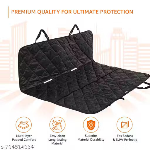 Black car seat cover with text about premium quality and features on a light background